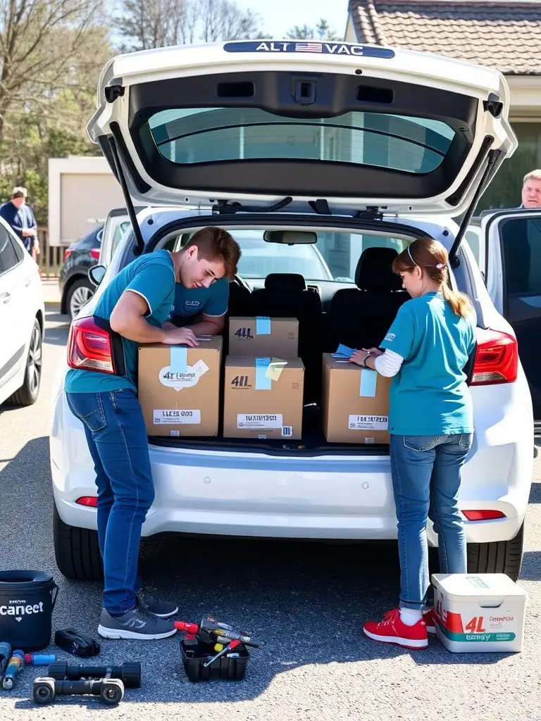 A photo of students loading supplies into a 4L car, ready for the 4L Trophy humanitarian rally.