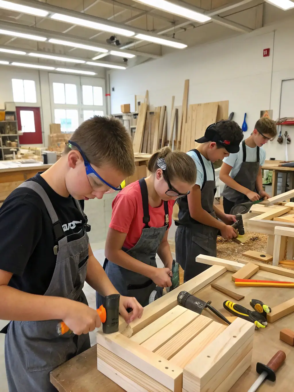 A photo of students participating in a technical workshop, focusing on engineering skills, with tools and equipment visible.