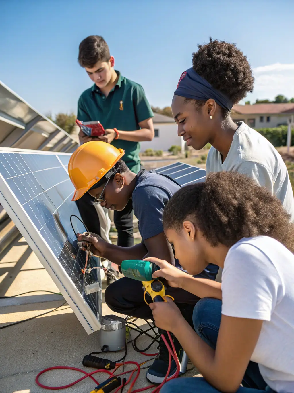 A photo of a team of students working on a sustainable project, such as building a water filtration system or solar panel installation.
