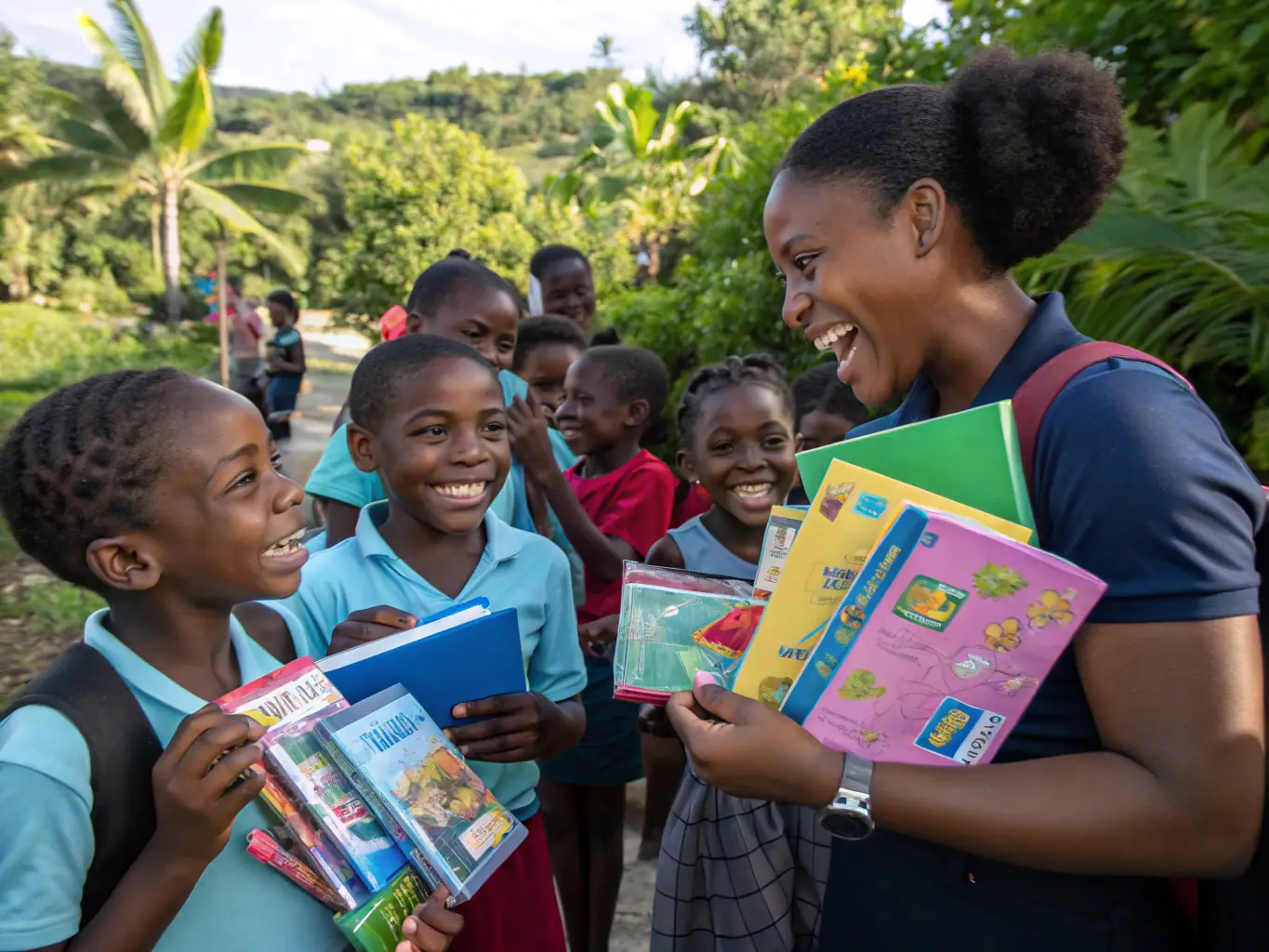 A photo of ITII HAUTE-NORMANDIE 4L team members distributing school supplies and equipment to children in a rural village during the 4L Trophy rally. The scene is filled with smiles and gratitude, emphasizing the humanitarian impact of the program.