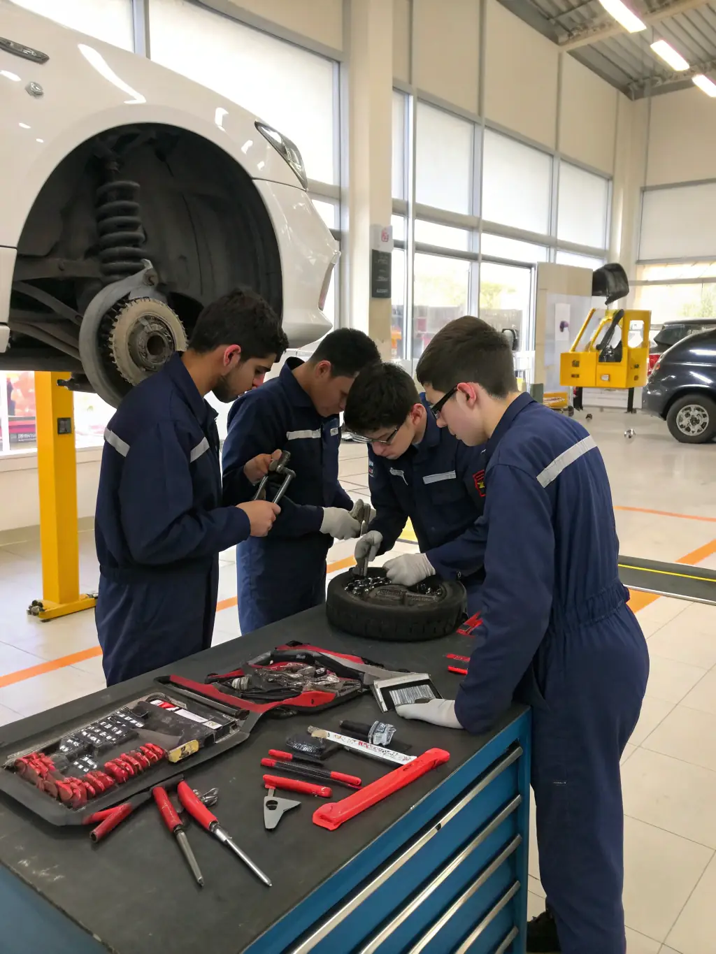 A photo of ITII HAUTE-NORMANDIE 4L students working on vehicle maintenance and preparation for the 4L Trophy, showcasing their technical skills and teamwork.