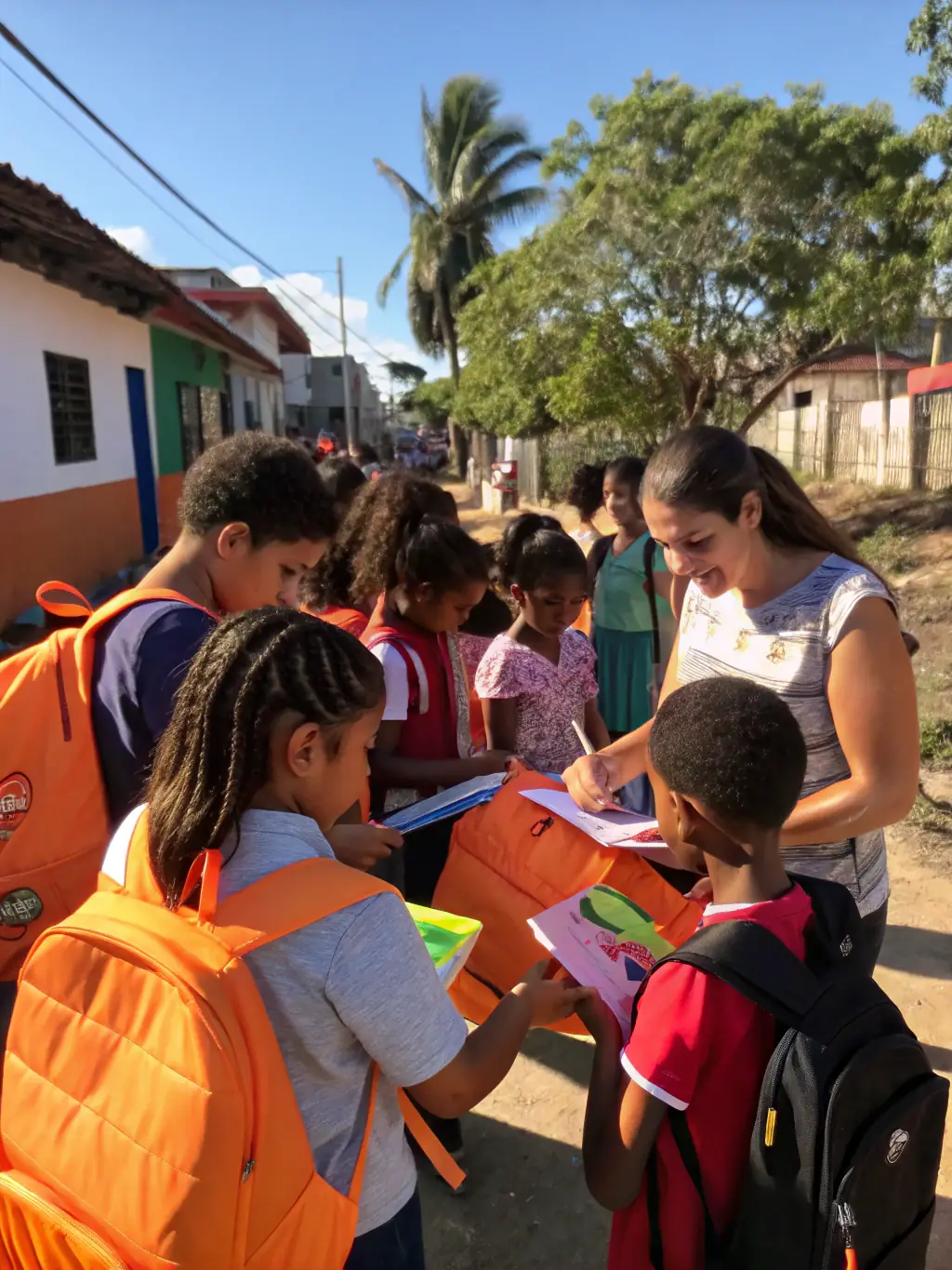A group of ITII HAUTE-NORMANDIE 4L members distributing school supplies to children in a Moroccan village during the 4L Trophy.