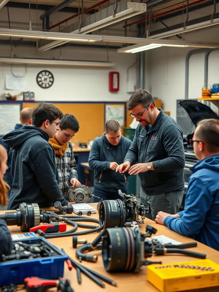 A photo of ITII HAUTE-NORMANDIE 4L students collaborating on a 4L Trophy car, showcasing their engineering skills and teamwork.