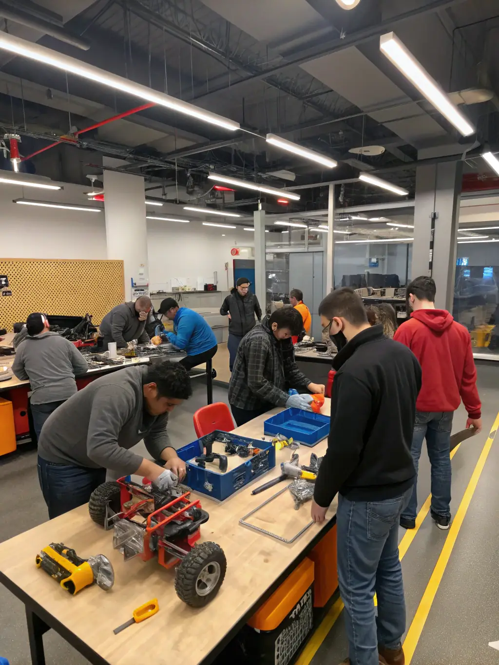 A workshop scene where ITII HAUTE-NORMANDIE 4L students are teaching basic engineering principles to local community members.