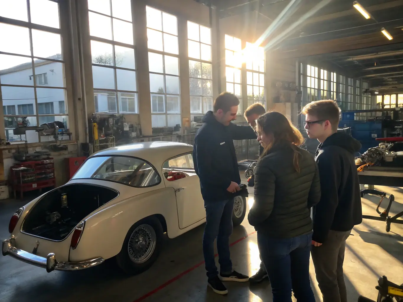 A group of ITII HAUTE-NORMANDIE 4L students are working on the engine of a 4L car, surrounded by tools and equipment, in a well-lit workshop. The atmosphere is collaborative and focused, highlighting the technical skills development aspect of the program.